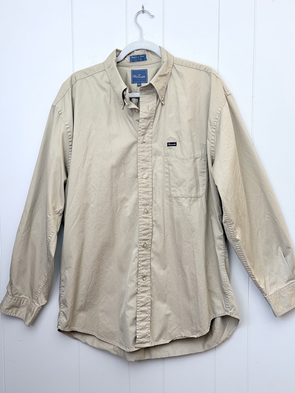 Faconnable Men’s Button Down Shirt 100% Cotton Khaki Twill Quiet Luxury XL